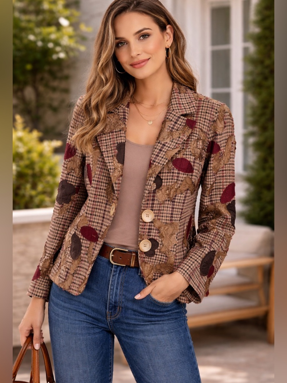 Neuva Patchwork Applique Plaid & Lace Blazer